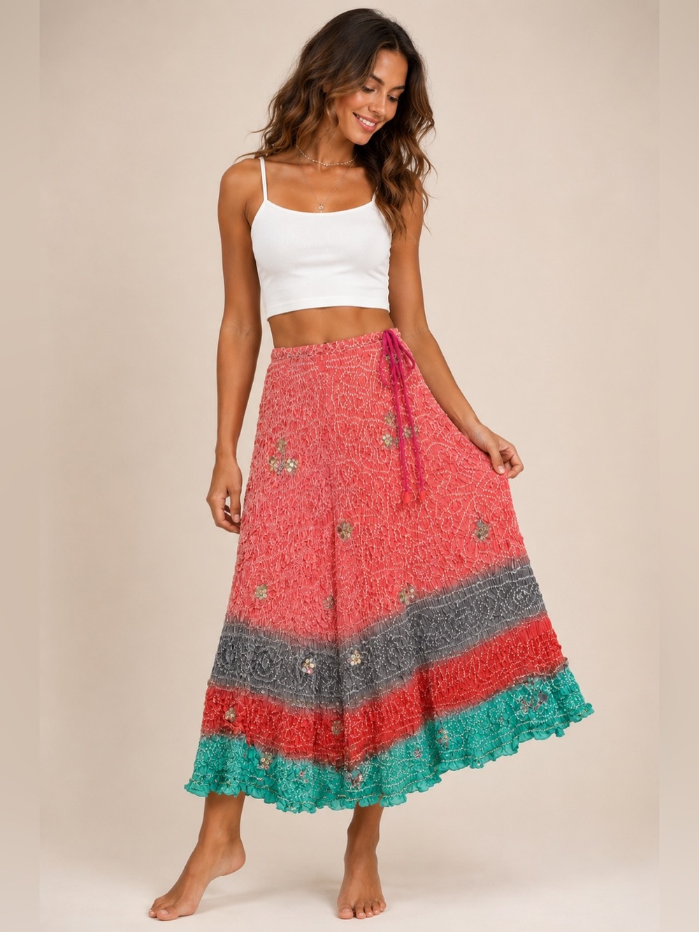 NWT Funky People Boho Artisan Embellished Maxi Skirt M/L